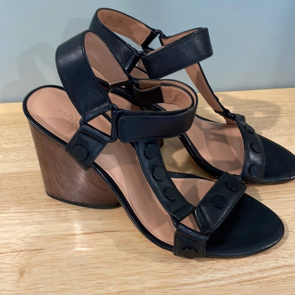 Halston Mica Sandals- black leather- block heel- size 8